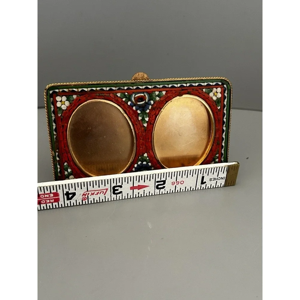 Vintage Italy Micro Mosaic Picture Frame Gold Tone Brass Double Oval Easel 3x4